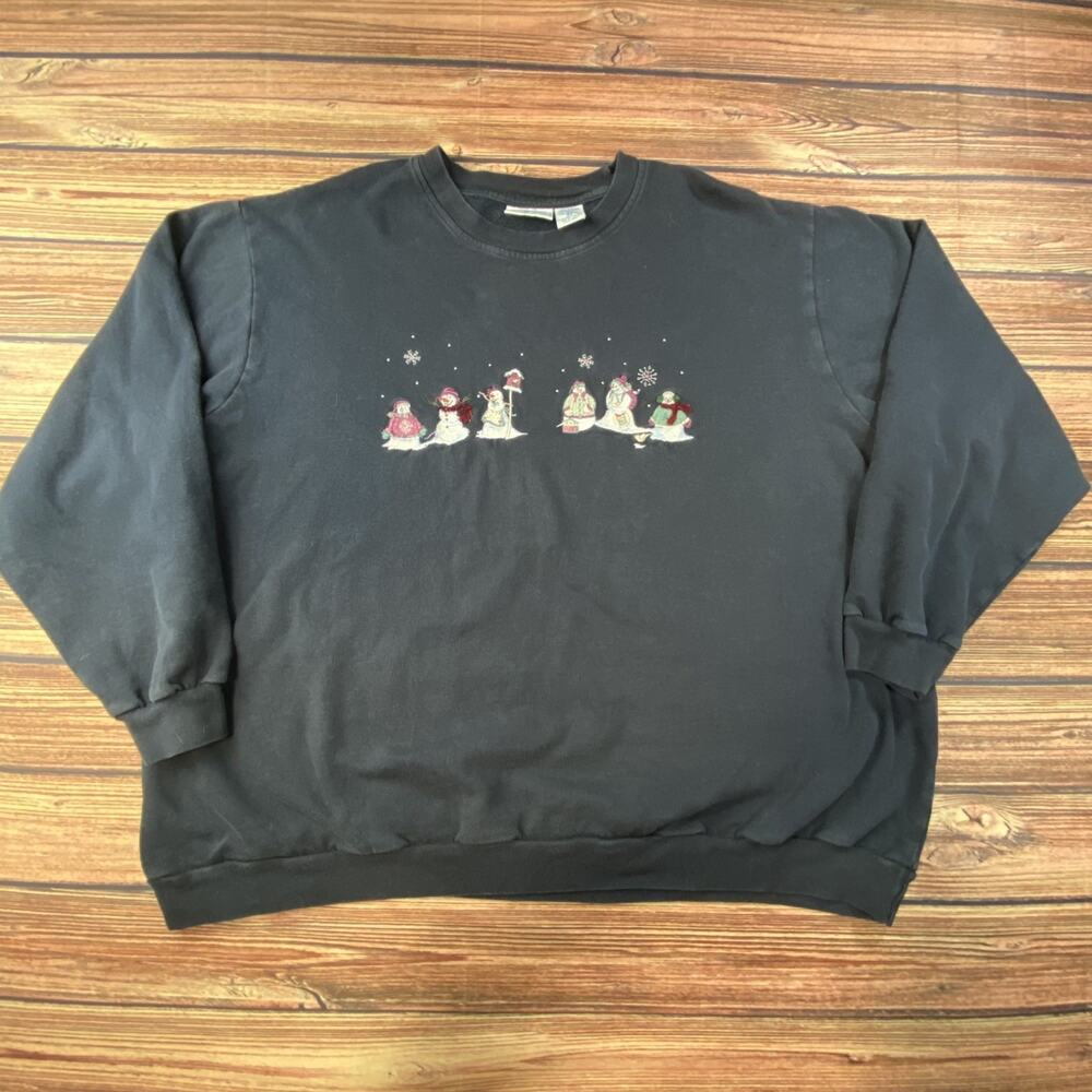 Vtg Frabjous Originals Snowman Embroidered Crew Neck Sweatshirt Black 4XL